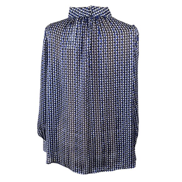 New H&M Geo Print Blouse Top Blue Black Size L Large Mock Neck - Picture 3 of 10